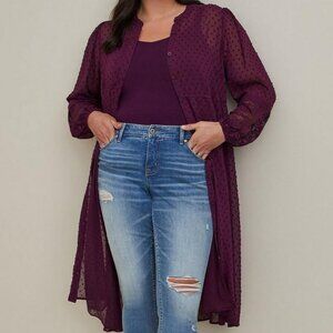 New! Wine Color Clip Dot Button Front Maxi Kimono